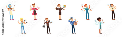 Multitasking People Character of Different Profession Vector Set