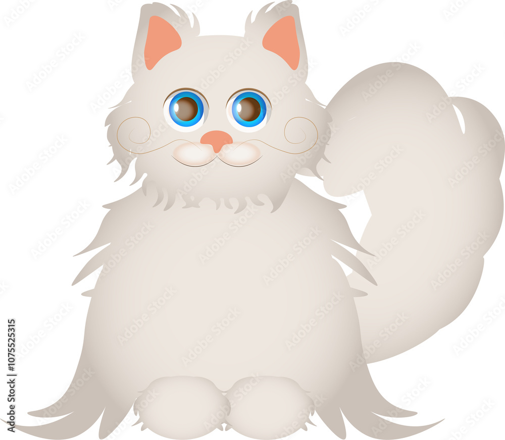 white cat character illustration for kids, children isolated on white