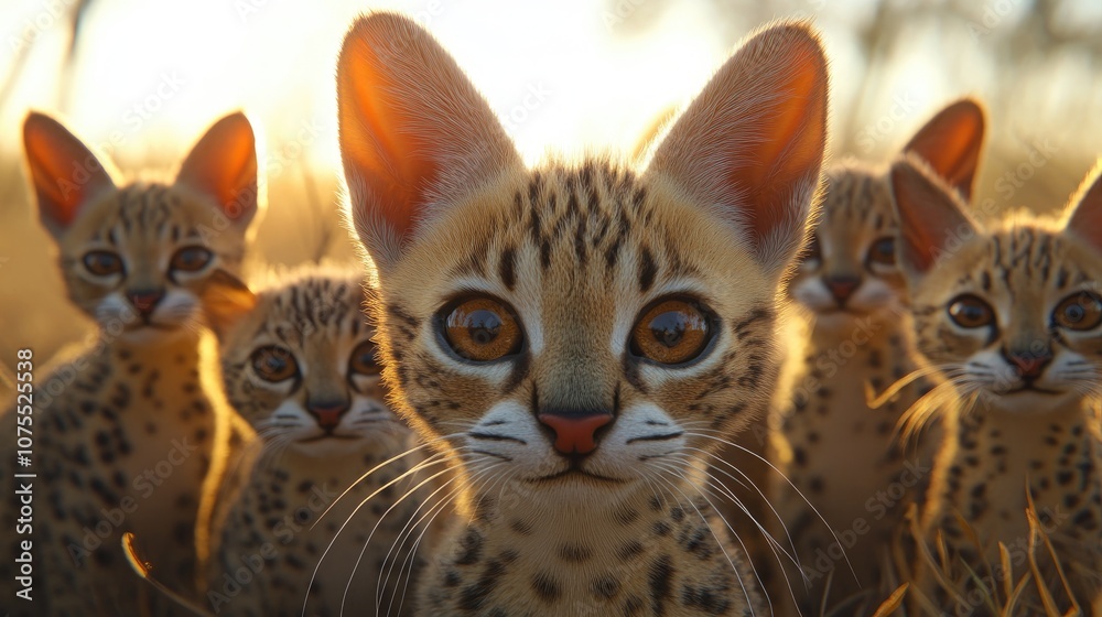 Obraz premium Curious group of young serval cats gazing directly at the camera captured during golden hour with an ultra wide angle lens