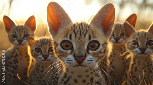 Curious group of young serval cats gazing directly at the camera captured during golden hour with an ultra wide angle lens