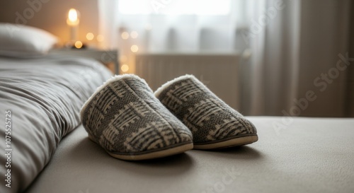 Cozy bedroom interior with warm slippers the bed