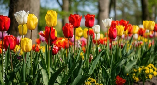 Vibrant tulip garden in full spring bloom