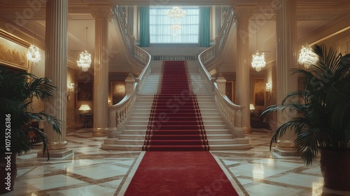 Wallpaper Mural Grand staircase with red carpet leading up to a large window. Torontodigital.ca
