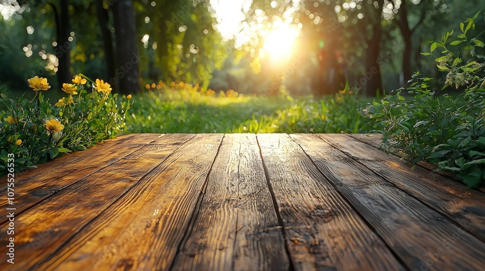A serene wooden platform surrounded by greenery and sunlight, perfect for relaxation. A serene wooden platform surrounded by greenery and sunlight, perfect for relaxation.