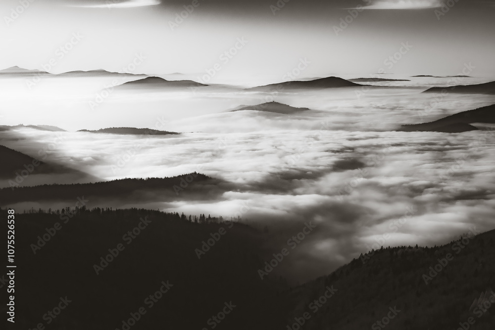 Widok z Mogielicy, czarno biały, Beskid Wyspowy