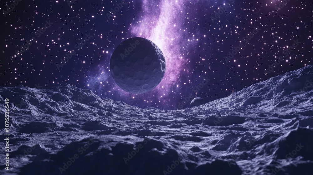 Fototapeta premium Luminous celestial body in orbit showcasing the lunar landscape Cosmic nebula filled with stars asteroids and a galaxy in the vastness of space