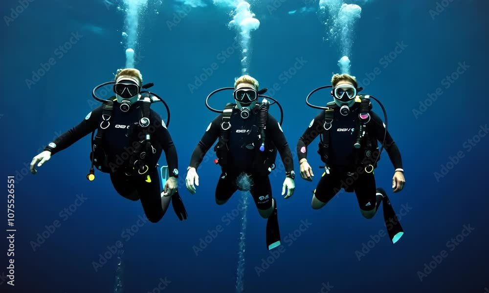 divers in the ocean, underwater sport active recreation in the deep ocean. Group of divers depth bubbles dive
