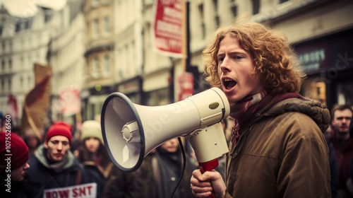 Activist leading demonstration with megaphone amidst striking group of protesters photo