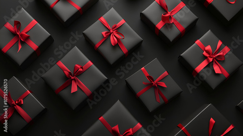 Gift boxes with red bow frame background. Space for text.