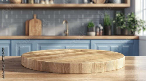 Empty round wooden tabletop prepared for product showcasing in a stylish kitchen setting with a modern aesthetic photo