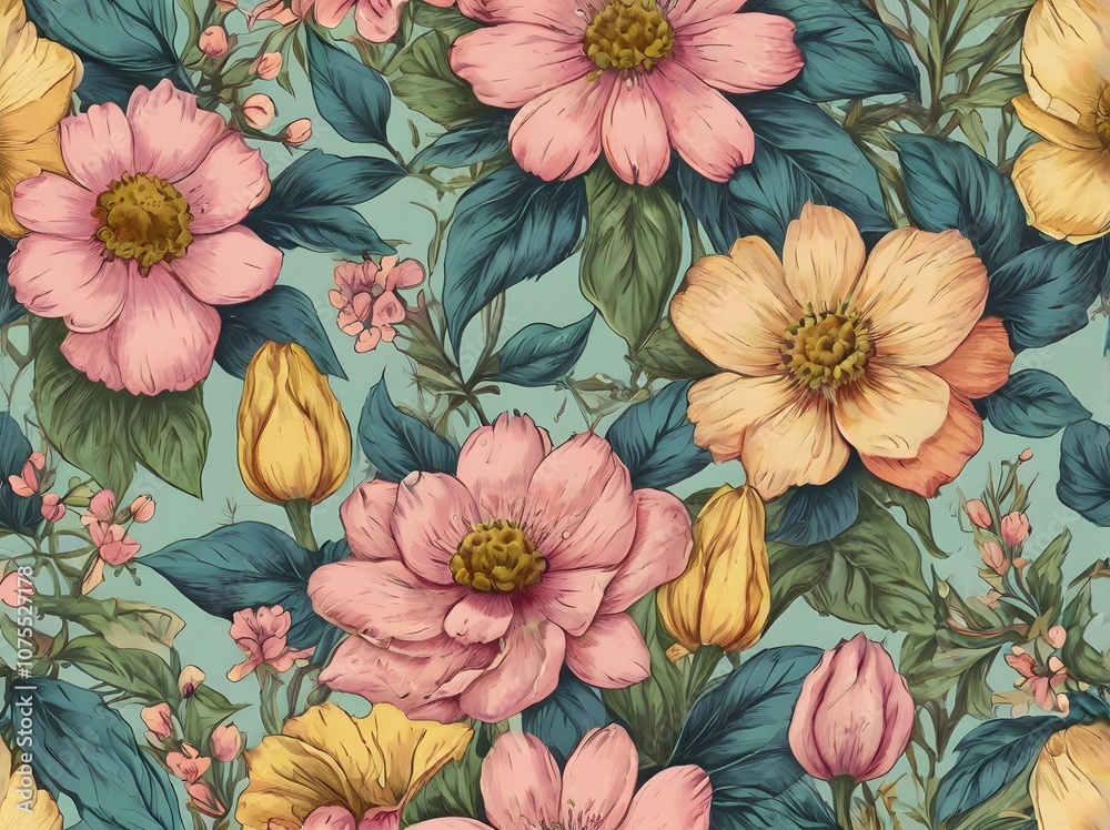 custom made wallpaper toronto digitalFloral Seamless Pattern with Pink and Yellow Flowers  Green Leaves  and Turquoise Background