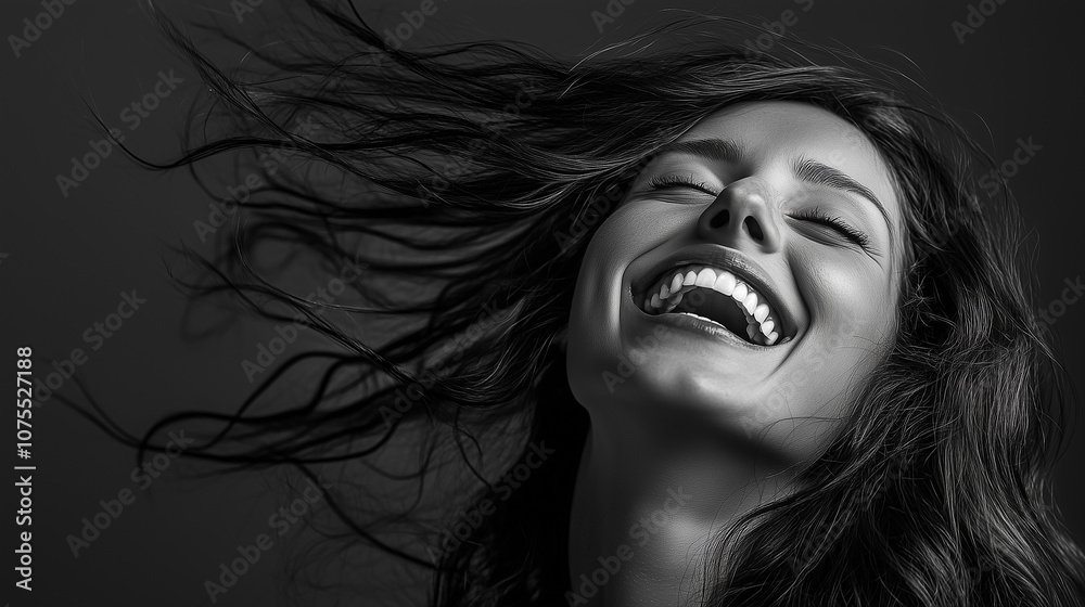 Obraz premium Kobieta śmieje się radośnie, a wiatr rozwiewa jej włosy, tworząc dynamiczny obraz pełen energii i beztroski. Naturalna radość emanuje z jej twarzy, oddając atmosferę chwili.
