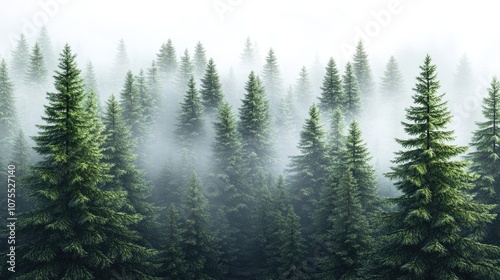 Moody forest landscape panorama showcasing a foggy morning with mist and lush green fir trees in a serene ambiance