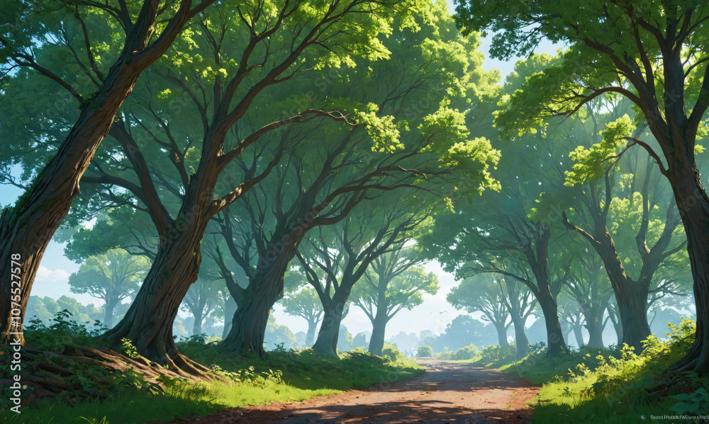 A dirt path winds through a lush forest, sunlight filtering through the leaves A dirt path winds through a lush forest, sunlight filtering through the leaves