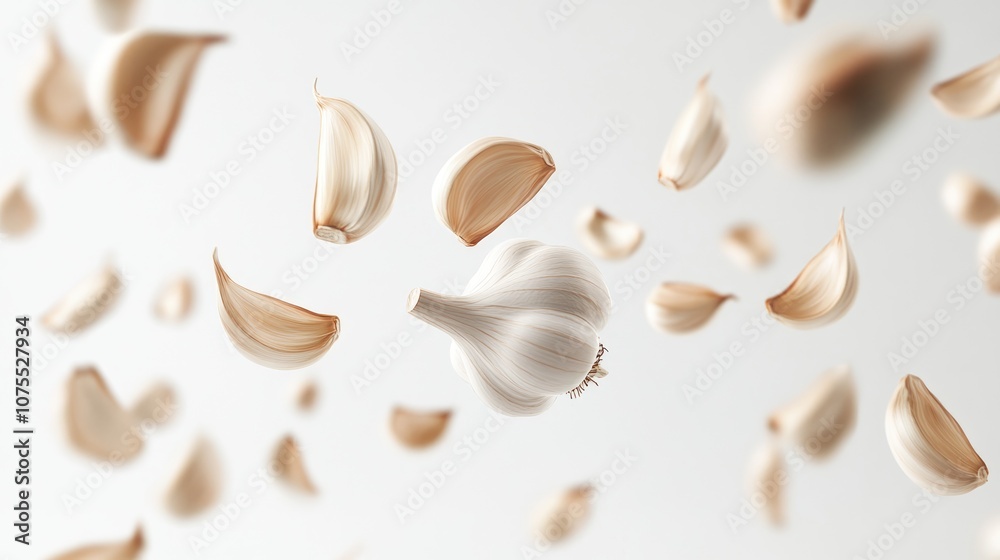 Garlic cloves in mid air against a clean white backdrop Garlic cloves in mid air against a clean white backdrop