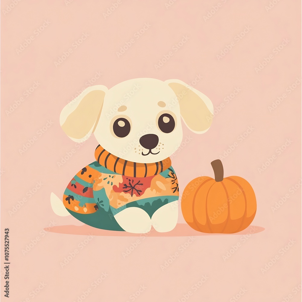 Adorable Puppy in Thanksgiving Sweater by Pumpkin on Soft Pink Background Adorable Puppy in Thanksgiving Sweater by Pumpkin on Soft Pink Background