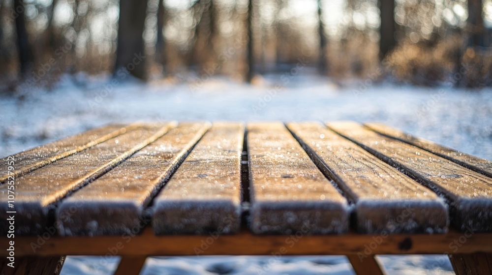 Close-up of empty wooden table, snowly blurred background, mockup Close-up of empty wooden table, snowly blurred background, mockup