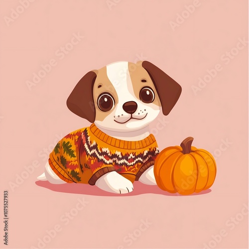 Adorable Puppy in Thanksgiving-Themed Sweater Laying by Pumpkin on Soft Pink Background