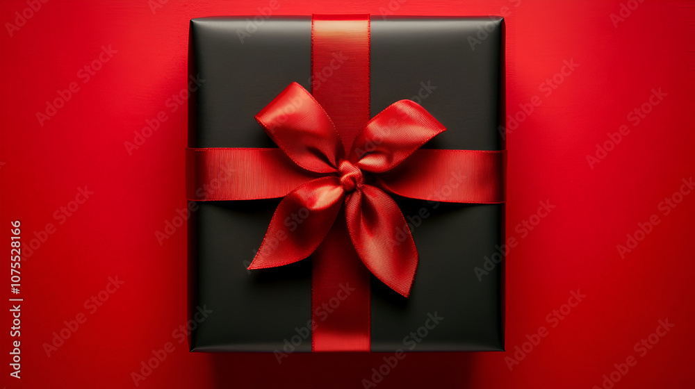 Top view black gift box, adorned with vibrant red ribbon marsala background. Ideal for your Black Friday deals