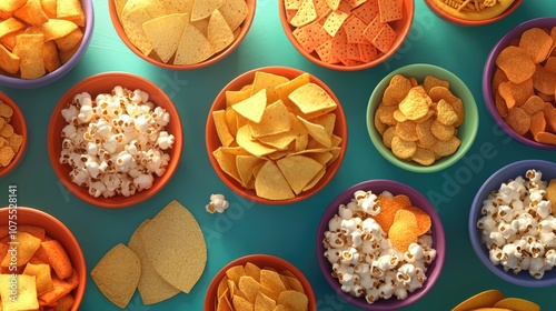 A variety of crispy snacks arranged in bowls on a table including potato chips tortilla chips crackers and popcorn Aerial perspective