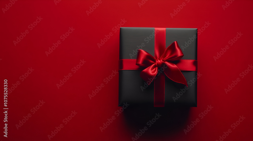 Top view black gift box, adorned with vibrant red ribbon marsala background. Ideal for your Black Friday deals Top view black gift box, adorned with vibrant red ribbon marsala background. Ideal for your Black Friday deals