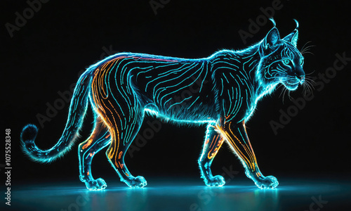 A digital rendering of a lynx walking on a black background, with its fur made of glowing lines