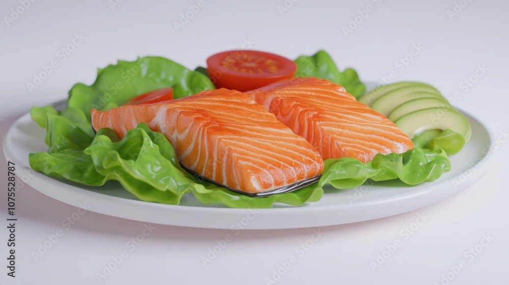 Grilled salmon fillet served with fresh green lettuce tomato salad and avocado guacamole A concept for balanced nutrition and a clean eating flexitarian Mediterranean diet Grilled salmon fillet served with fresh green lettuce tomato salad and avocado guacamole A concept for balanced nutrition and a clean eating flexitarian Mediterranean diet