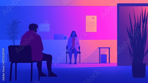 A person sits in a colorful room while another waits for an important meeting