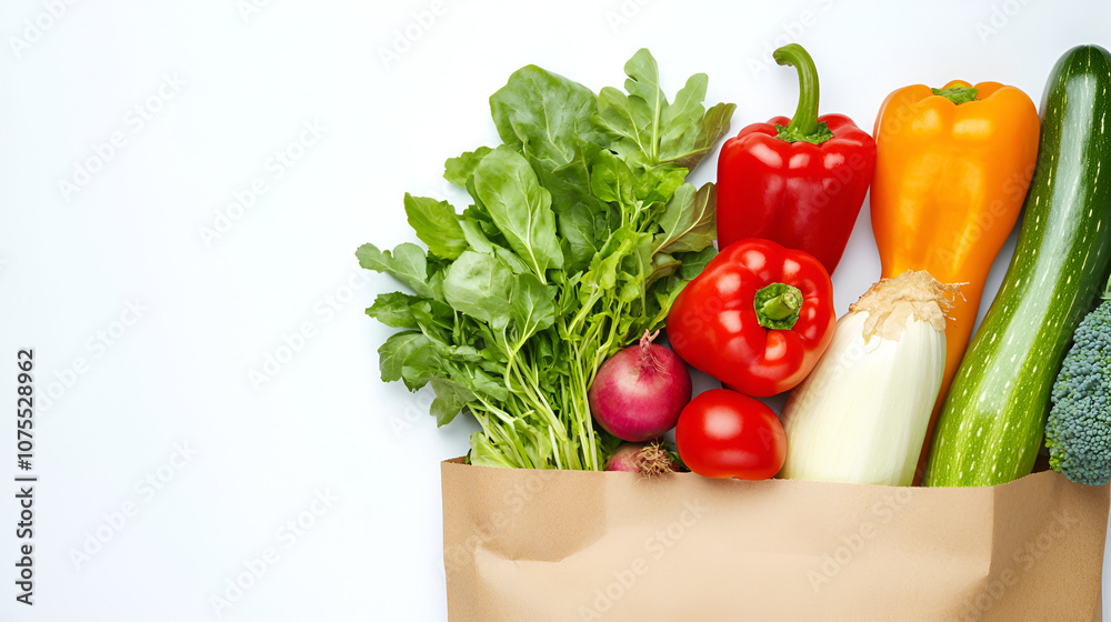Vibrant vegan produce arranged in a paper bag: fresh vegetables, fruits, and wholesome goodness. Vibrant vegan produce arranged in a paper bag: fresh vegetables, fruits, and wholesome goodness.