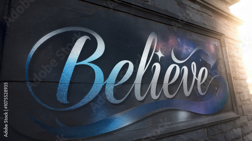 A stunning graffiti art piece reading 'Believe,' featuring a cosmic design with shimmering blue and silver tones, set against a textured wall. photo