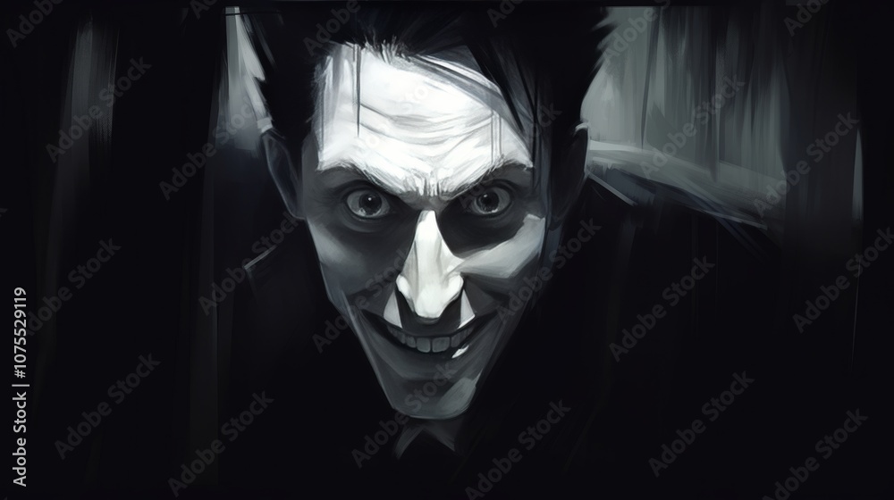 Mysterious portrait of a man with intense and wild smile making eye contact with camera Mysterious portrait of a man with intense and wild smile making eye contact with camera