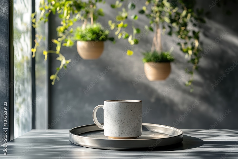 interior design ideas, a contemporary kitchen design concept featuring a ceramic mug on a metal tray, complemented by hanging planters in the backdrop interior design ideas, a contemporary kitchen design concept featuring a ceramic mug on a metal tray, complemented by hanging planters in the backdrop