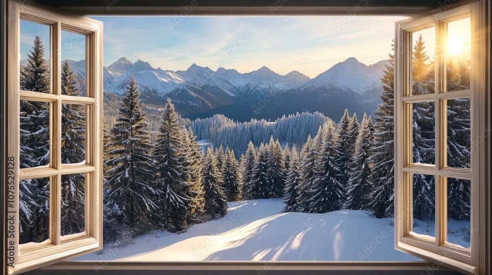 Beautiful serene view of the winter mountains and forest through an open wooden window. Snowy landscape on a sunny day Beautiful serene view of the winter mountains and forest through an open wooden window. Snowy landscape on a sunny day