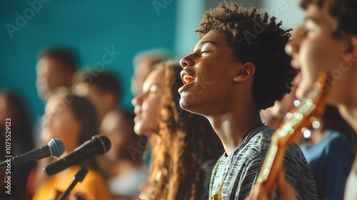 
A group of Christian youth participating in a worship service, playing instruments and leading the congregation in song. The atmosphere is vibrant and filled with energy.