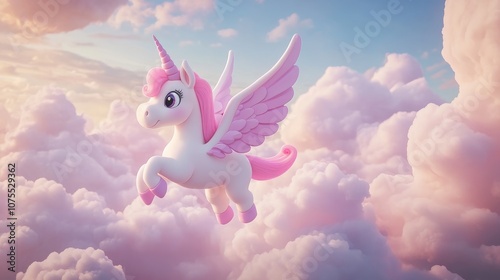 Winged Pegasus soaring through the clouds in the sky photo