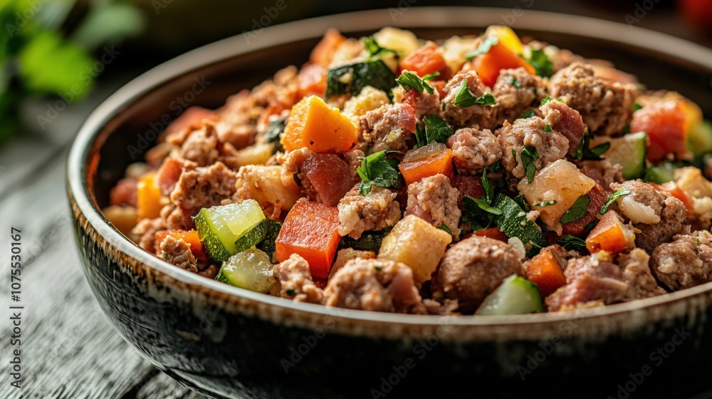 Hearty meat and vegetable dish served in a rustic bowl on a wooden table Hearty meat and vegetable dish served in a rustic bowl on a wooden table