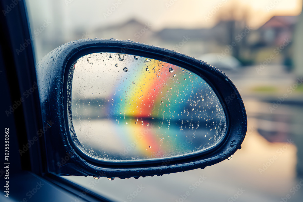 Raindrops on car side mirror reflecting a vibrant rainbow, blending weather elements with urban scenery, showcasing nature's beauty, driving perspective, and a touch of serenity Raindrops on car side mirror reflecting a vibrant rainbow, blending weather elements with urban scenery, showcasing nature's beauty, driving perspective, and a touch of serenity