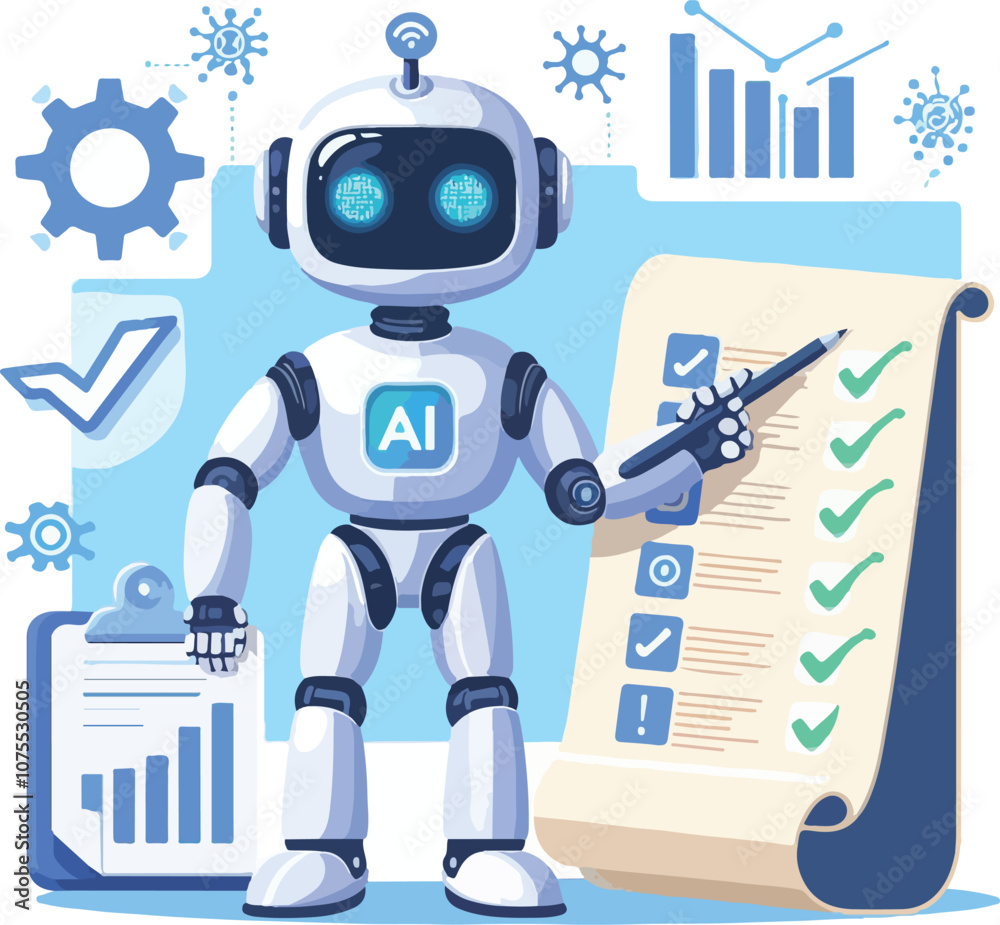 A robot with AI symbol holding data charts and documents points to a checklist on a scroll. Ideal for technology, artificial intelligence, data analysis, automation, and innovation. Simple vector art A robot with AI symbol holding data charts and documents points to a checklist on a scroll. Ideal for technology, artificial intelligence, data analysis, automation, and innovation. Simple vector art