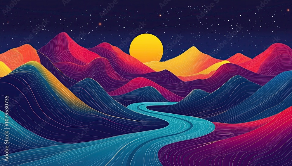 Obraz premium Vibrant abstract landscape with colorful mountains and river at night