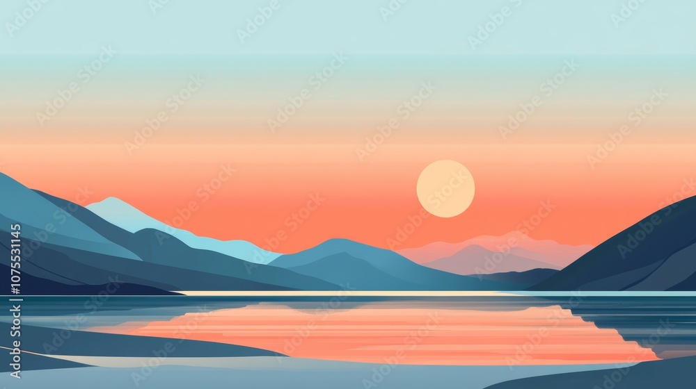Tranquil Sunset Over Mountainous Landscape. Minimalist Flat Illustration. Tranquil Sunset Over Mountainous Landscape. Minimalist Flat Illustration.