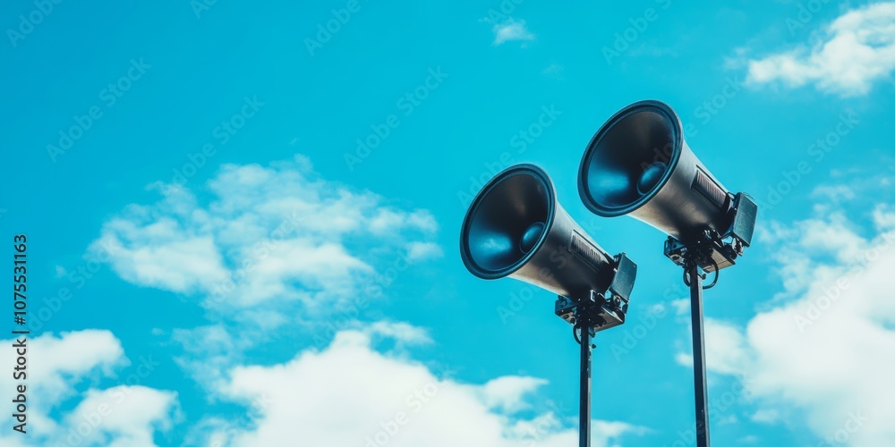 The image features two loudspeakers on tall poles against a vivid blue sky, symbolizing the crucial role of modern communication technology in public alerts and community announcements The image features two loudspeakers on tall poles against a vivid blue sky, symbolizing the crucial role of modern communication technology in public alerts and community announcements