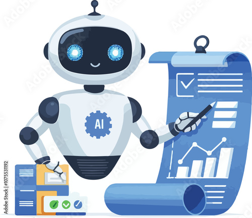 A robot with AI symbol holding data charts and documents points to a checklist on a scroll. Ideal for technology, artificial intelligence, data analysis, automation, and innovation. Simple vector art 