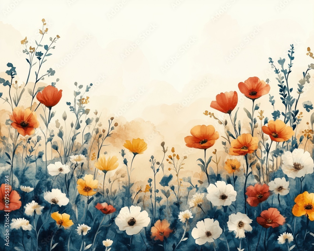 Obraz premium Whimsical watercolor cozy floral, colorful flowers and delicate green leaves, minimalist look.