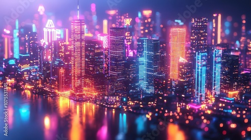 Vibrant city skyline illuminated at night with colorful lights and reflections on water