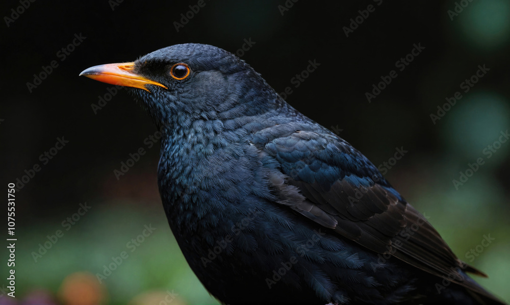 A blackbird with an orange beak perches on a branch in the forest A blackbird with an orange beak perches on a branch in the forest