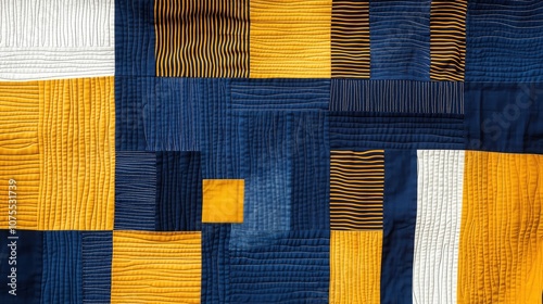 Vibrant blue and yellow patchwork quilt with geometric patterns photo