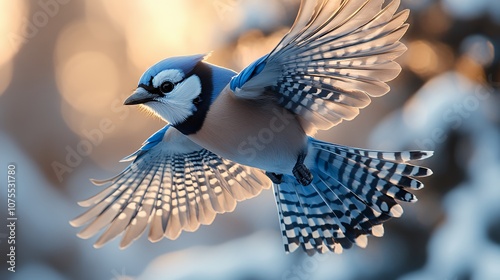 Blue jay bird in flight with wings spread wide against a blurred background of trees and snow. photo