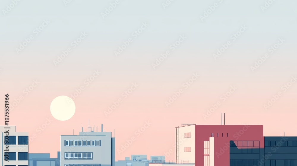 Obraz premium Cityscape at Sunset with Minimalist Aesthetic. Minimalist Flat Illustration.
