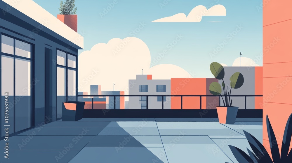 Modern Terrace with City Skyline and Lush Greenery. Minimalist Flat Illustration. Modern Terrace with City Skyline and Lush Greenery. Minimalist Flat Illustration.
