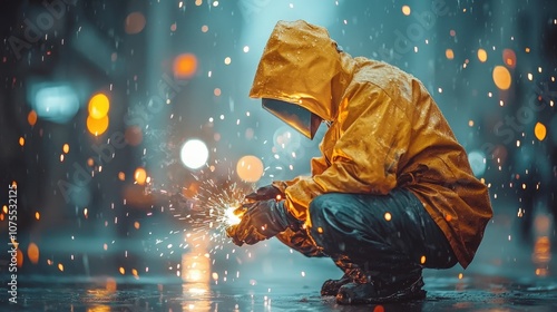 A child in a yellow raincoat crouches in the rain, holding a spark, surrounded by a vibrant, rainy cityscape.